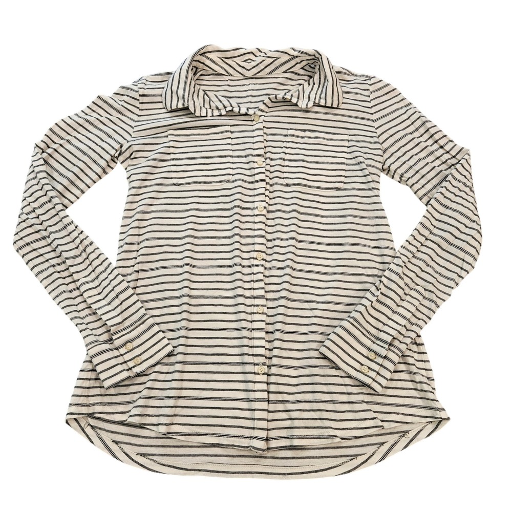 Ann Taylor LOFT Striped Button Down Shirt White Black Long Sleeve Jersey Small